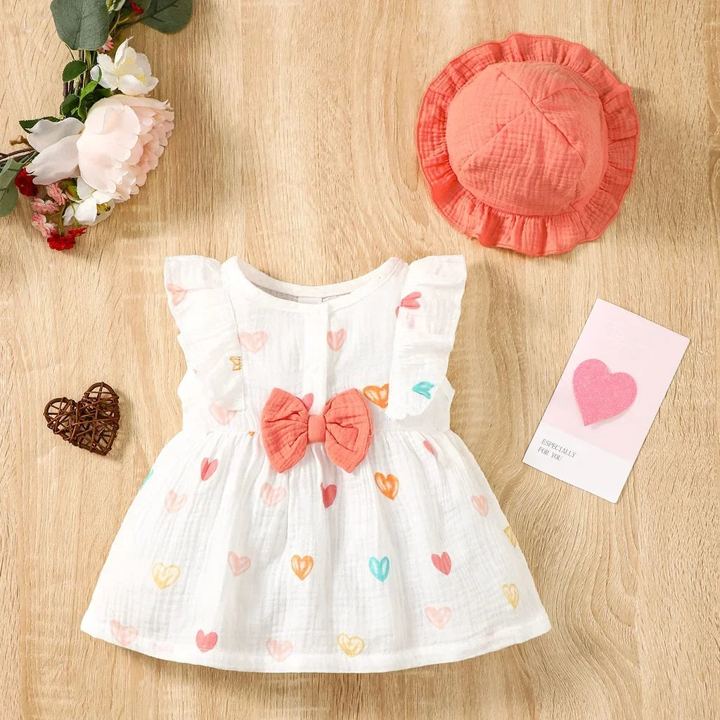Baby Girl Sweet Cotton Sleeveless Love Pattern Dress+Hat Dress