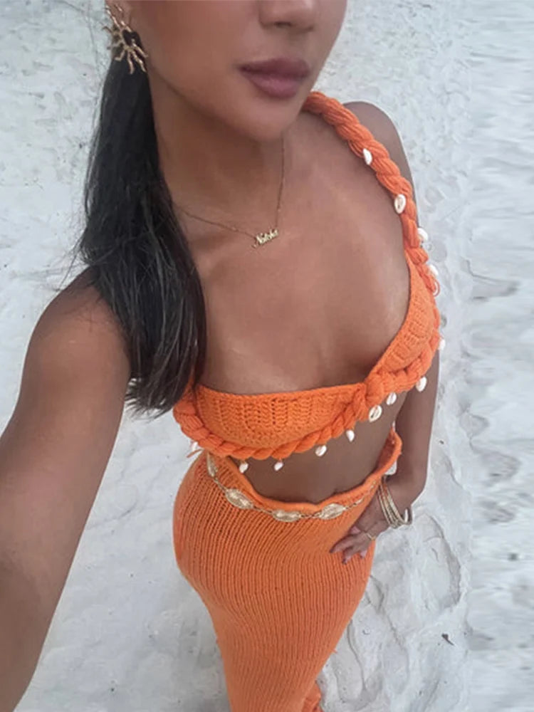 Feminine Chic Twisted Elegance Shell Bra Top & Beach Knit Skirt Co-Ord