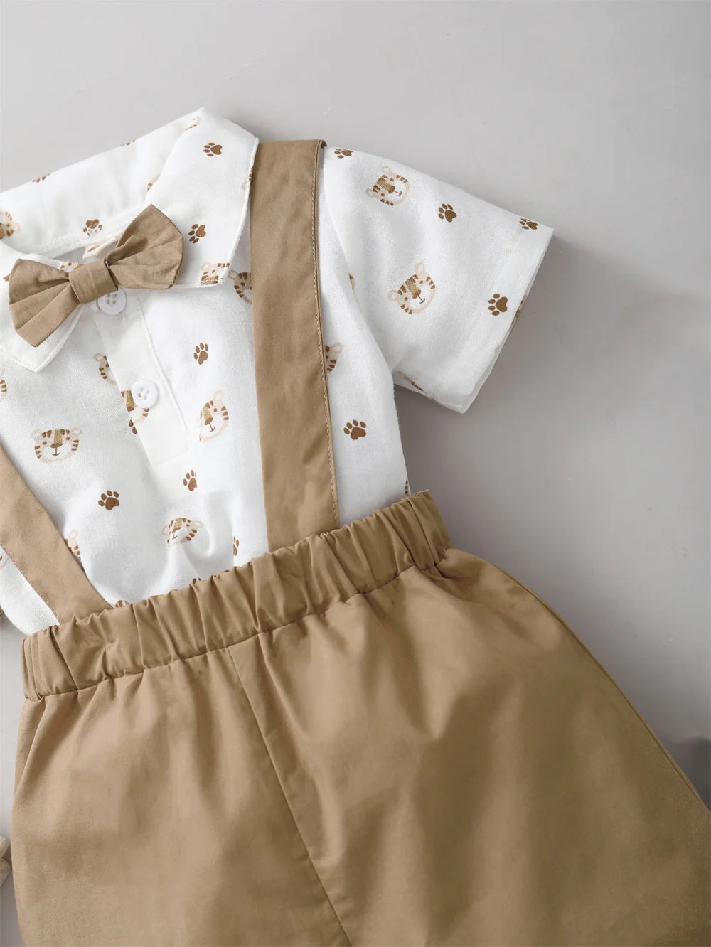Infant Boy Clothes Set Tiger Print Short Sleeve with Bow+Strap Shorts