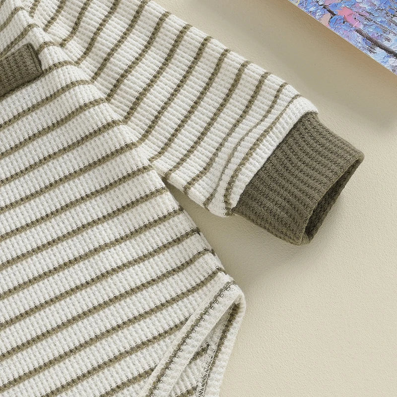 Newborn Baby Boy Girl Fall Winter Clothes Waffle Knit Striped Romper Long Pants Set Home Outfit