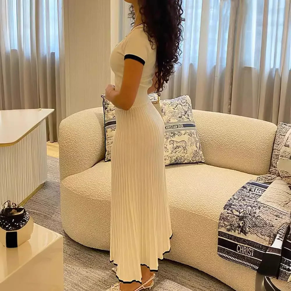 Women White long Skirt Suit Short Sleeve V-neck crop top pleated set