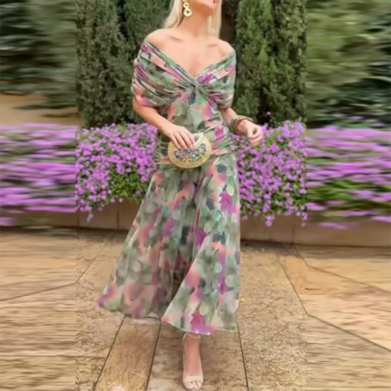 Floral Bloom Elegance High-Waist Pleated Cocktail Dress