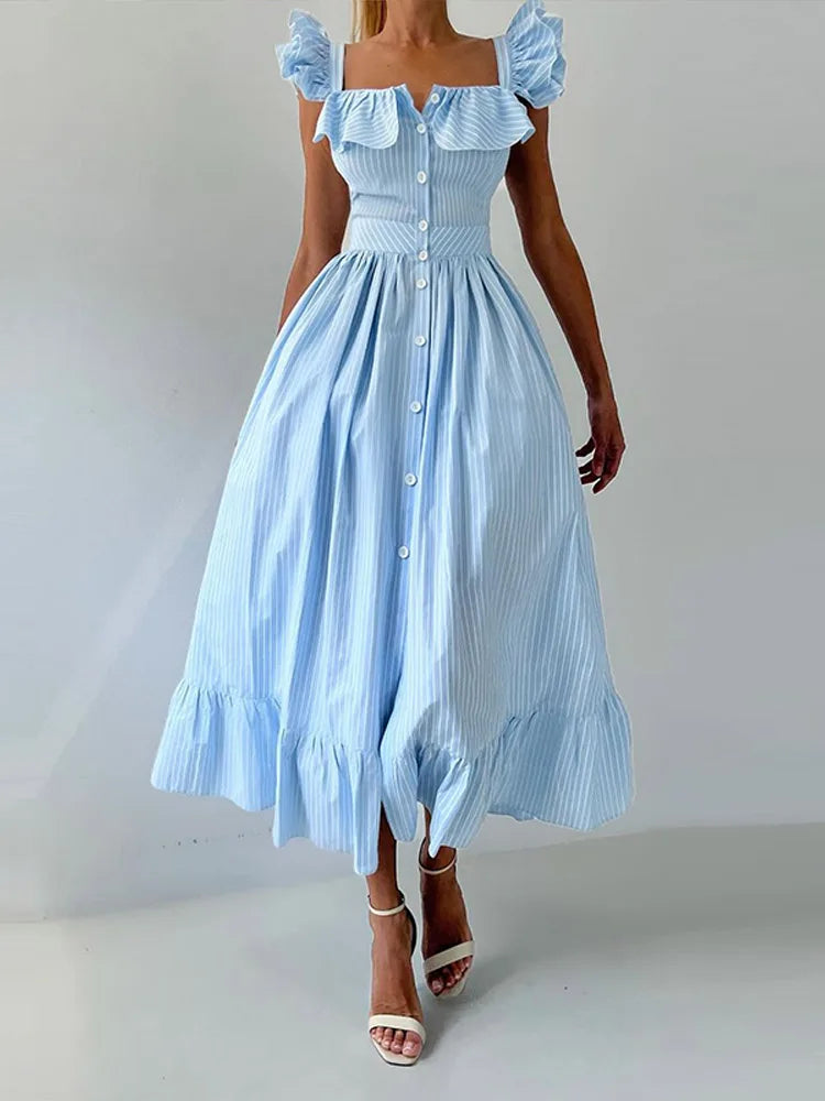 Flying Sleeves Striped Long Dresses Woman Elegant Single Breasted A-Line Robes Female Chic High Waist Summer Lady Robes Holiday