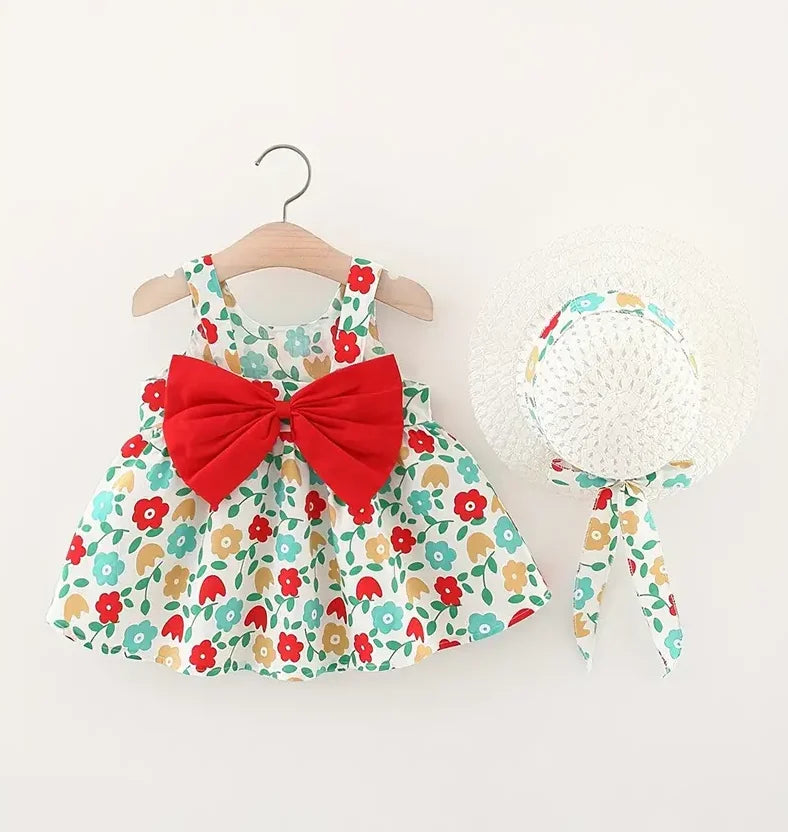 Toddler Girl Clothes Cotton Beach Suspender Dress+Sun Hat Princess Dresses