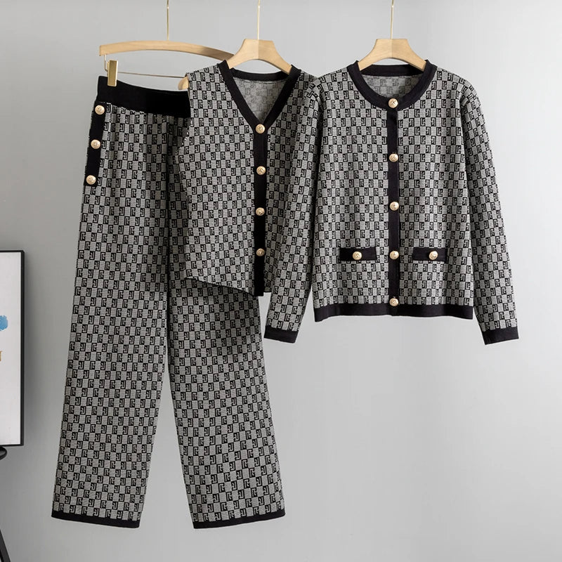 Elegant Three Piece Knitted Long Sleeve Sweater Coat, Single Breasted Vest & Matching Pants