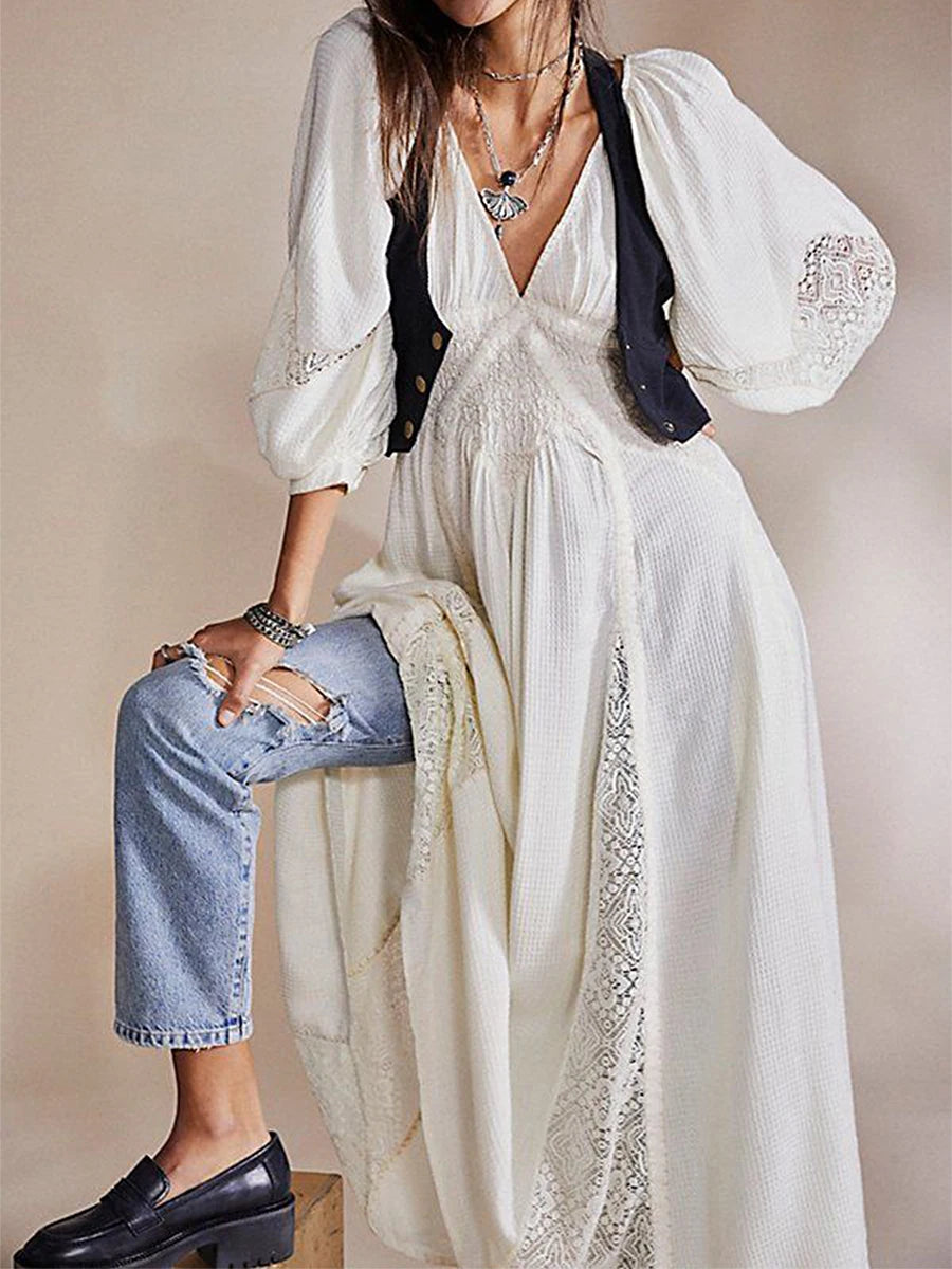 Women Long Dress Long Sleeve Dress V-Neck Lace Patchwork Loose Swing Dress