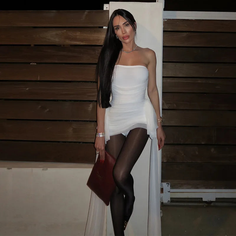 YUZHEXI strapless side ribbons double layered mesh mini dress women party birthday tube robe black white red