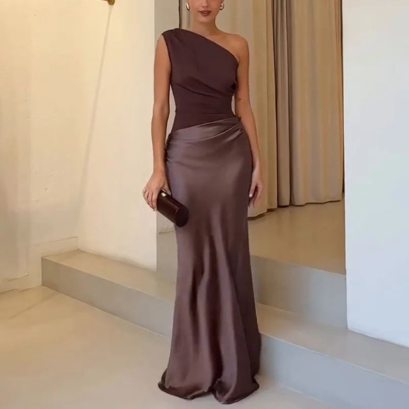 Sunset Aura One-Shoulder Contrast Maxi Dress