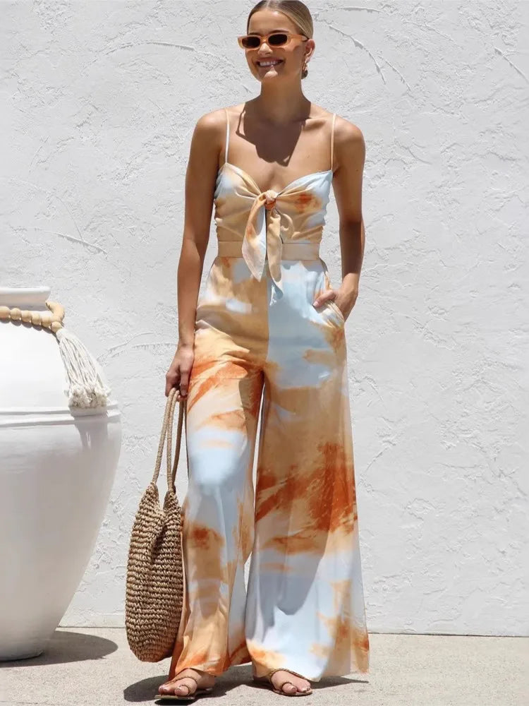 Summer New Print Spaghetti Strap jumpsuits Women Sexy Low Cut Bowknot Bowknot High Waist Wide Leg Jumpsuit Vacation Style Female