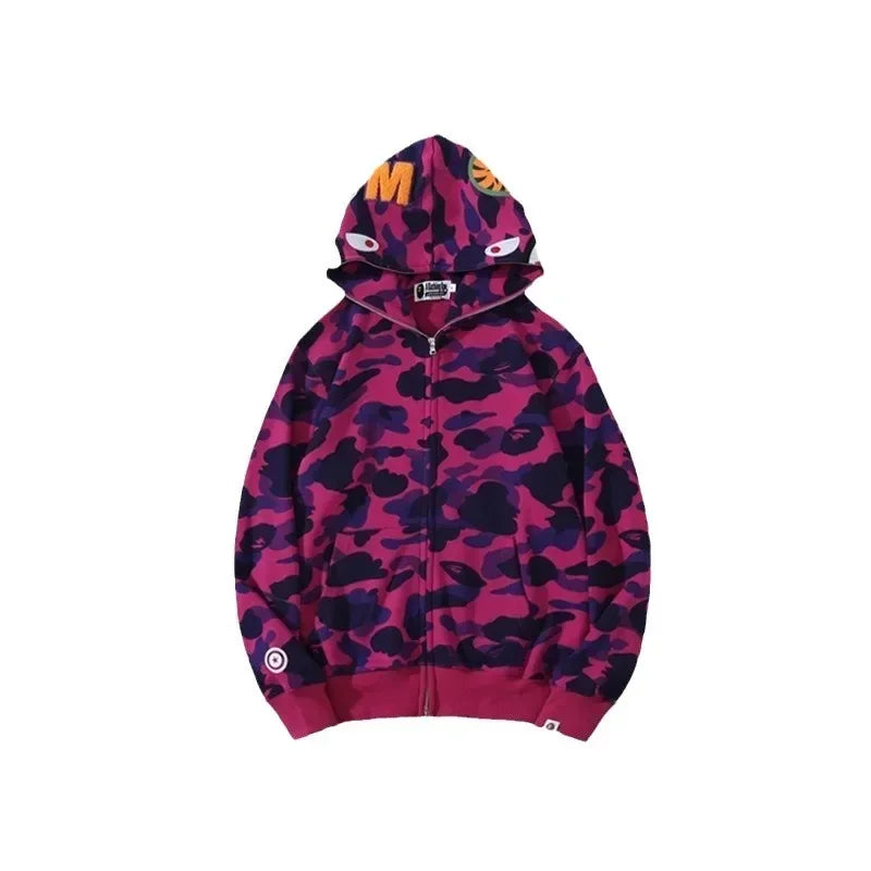 Trendy Shark Camouflage Zippered Hoodie for Men and Women Fine Embroidery Loose Hooded