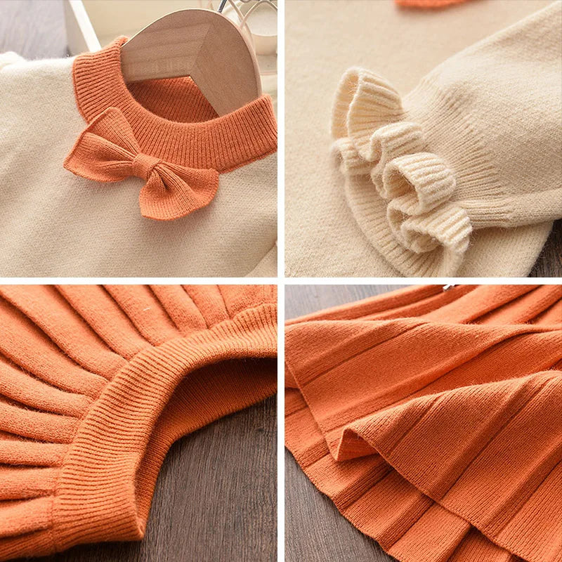 Casual Girls Dress Knitting Kids Suit Long Sleeves Princess Top and Skirt 2pcs Outfits Sweater Kids Clothes