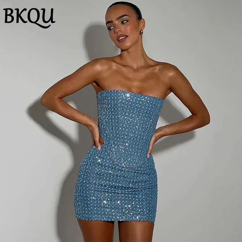 Starlit Dazzle Strapless Corset & Glitter Denim Mini Co-Ord