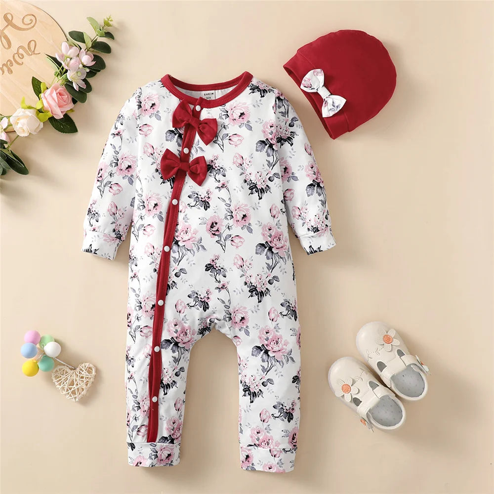 Long Sleeve Flower Bodysuit Costume Lovely Baby Spring Jumpsuit Outfit with Hat