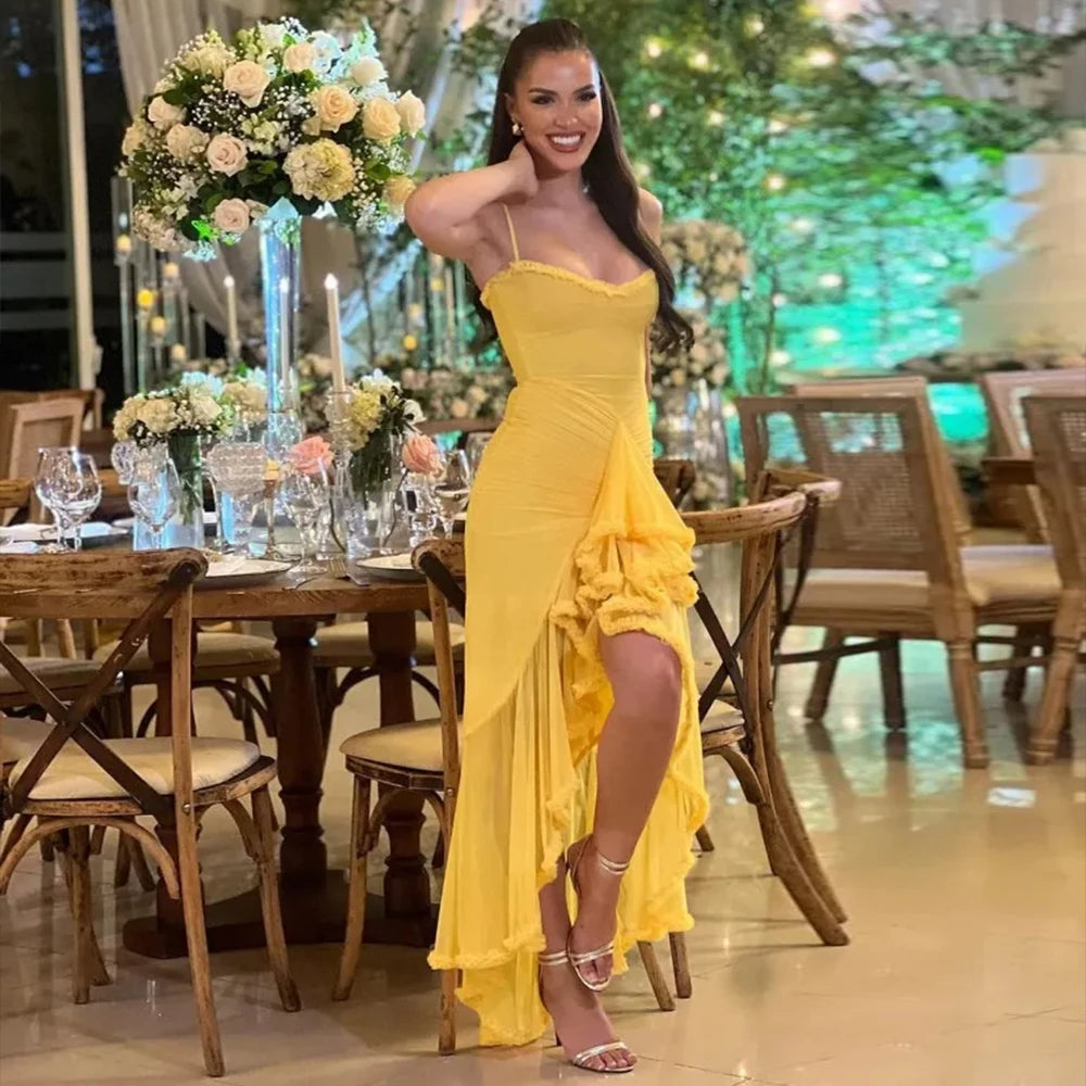 Irregular Ruffle Elegant Mesh Dress Yellow Long Dresses for Women