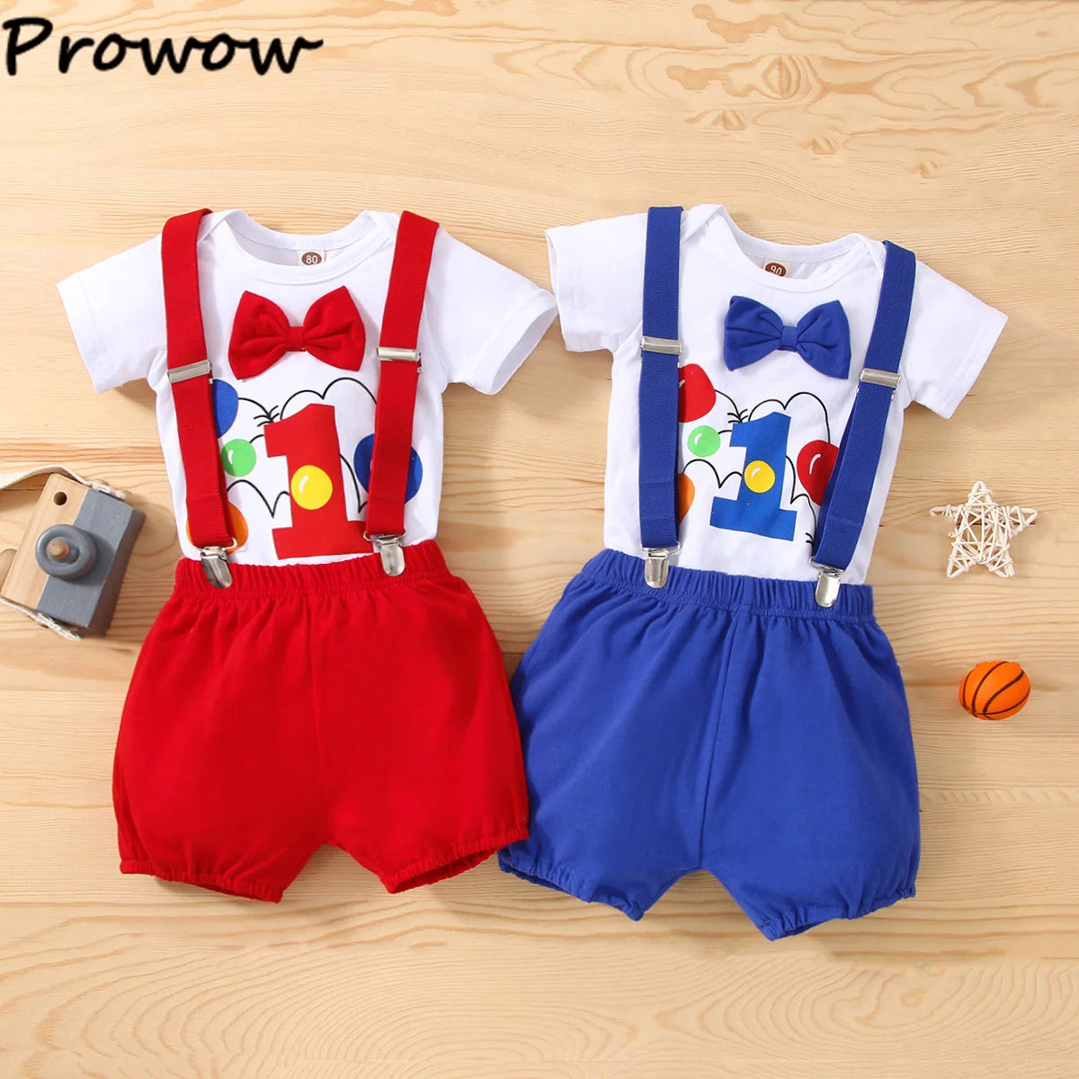 Baby Boys Birthday Outfits Sets Balloon Letter"1" Bodysuit and Y-back Suspender Shorts 1 Year Birthday Baby