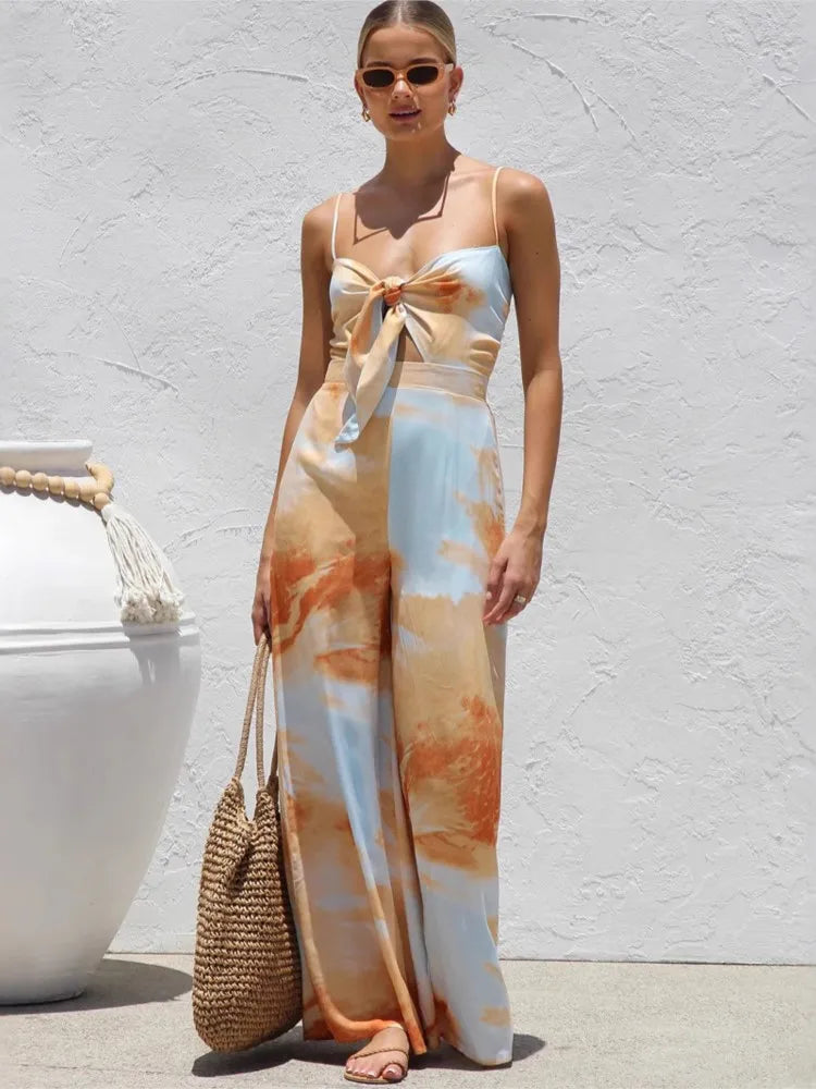 Summer New Print Spaghetti Strap jumpsuits Women Sexy Low Cut Bowknot Bowknot High Waist Wide Leg Jumpsuit Vacation Style Female