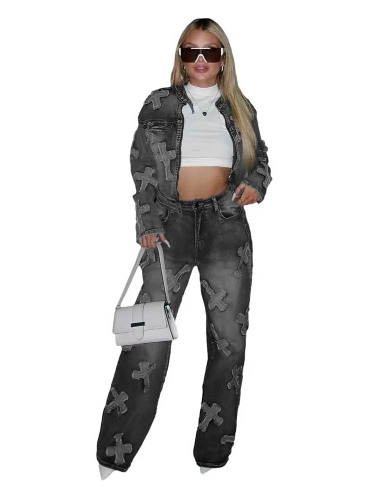 Women's Long Sleeve Jacket and Straight Trouser Casual 2 Piece Denim Sets