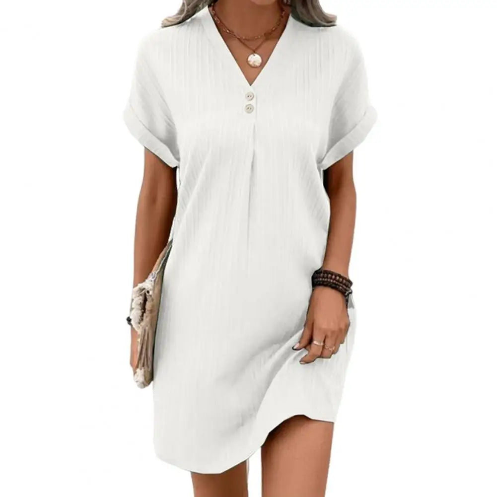 Summer Women Dress V Neck Button Short Sleeves Loose Casual Loose Fit Button Dress Summer Loose Lady Short Dress Women Dresses