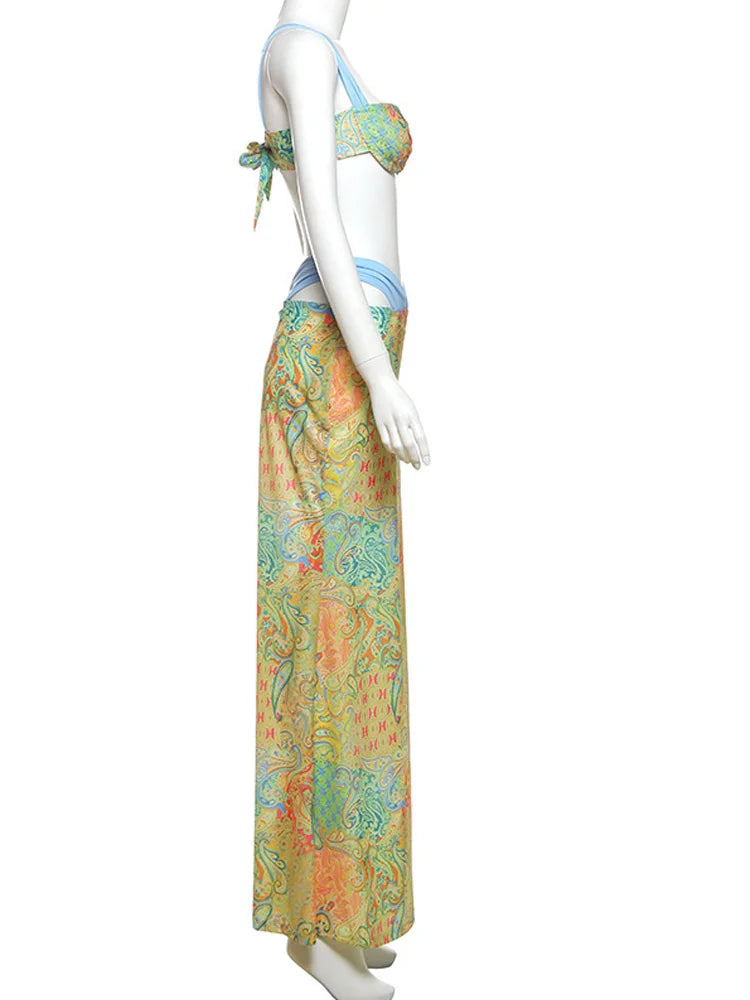 Tropical Bloom Temptation Floral Bra Crop & Skirt Two-Piece Vacation Co-Ord