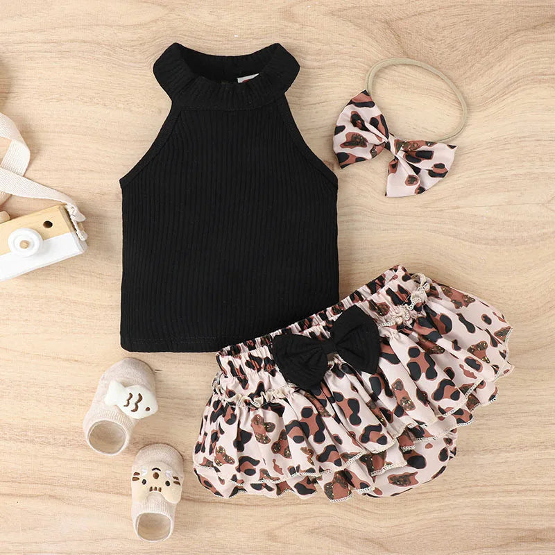 Baby Girls Hanging Neck Sleeveless Vest+Leopard Print Bow Shorts+Headband