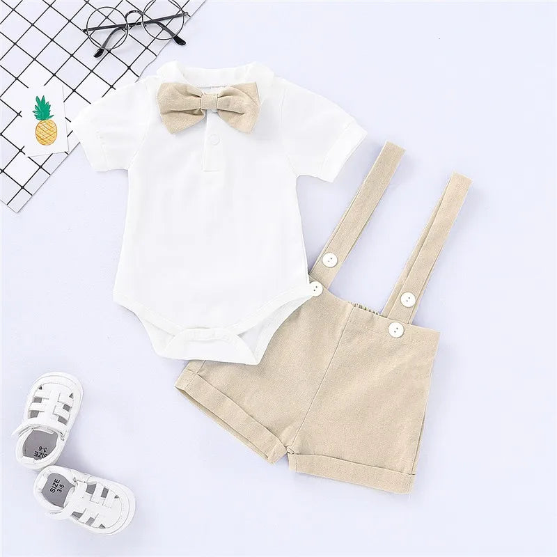 Gentlemen Clothes Set Bowtie Short Sleeve Cotton Romper+Suspender Pant Toddler