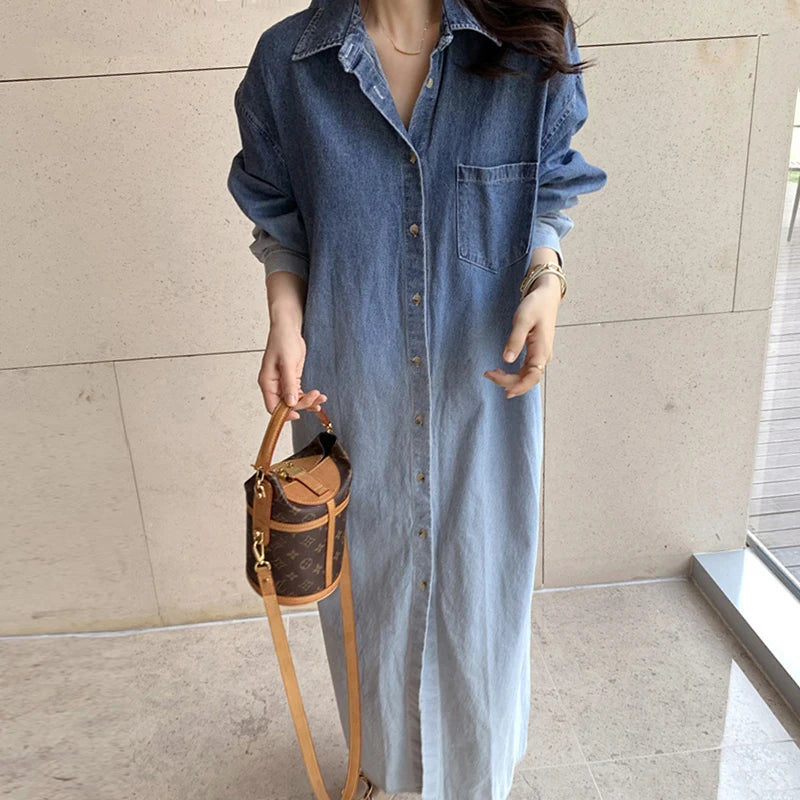 Chic Gradient Ombre Design Loose Long Sleeve Denim Dress