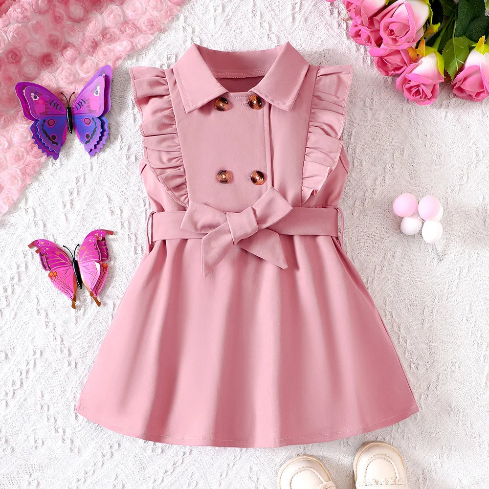 Kids Girls Retro Solid Color Trench Belted Dress