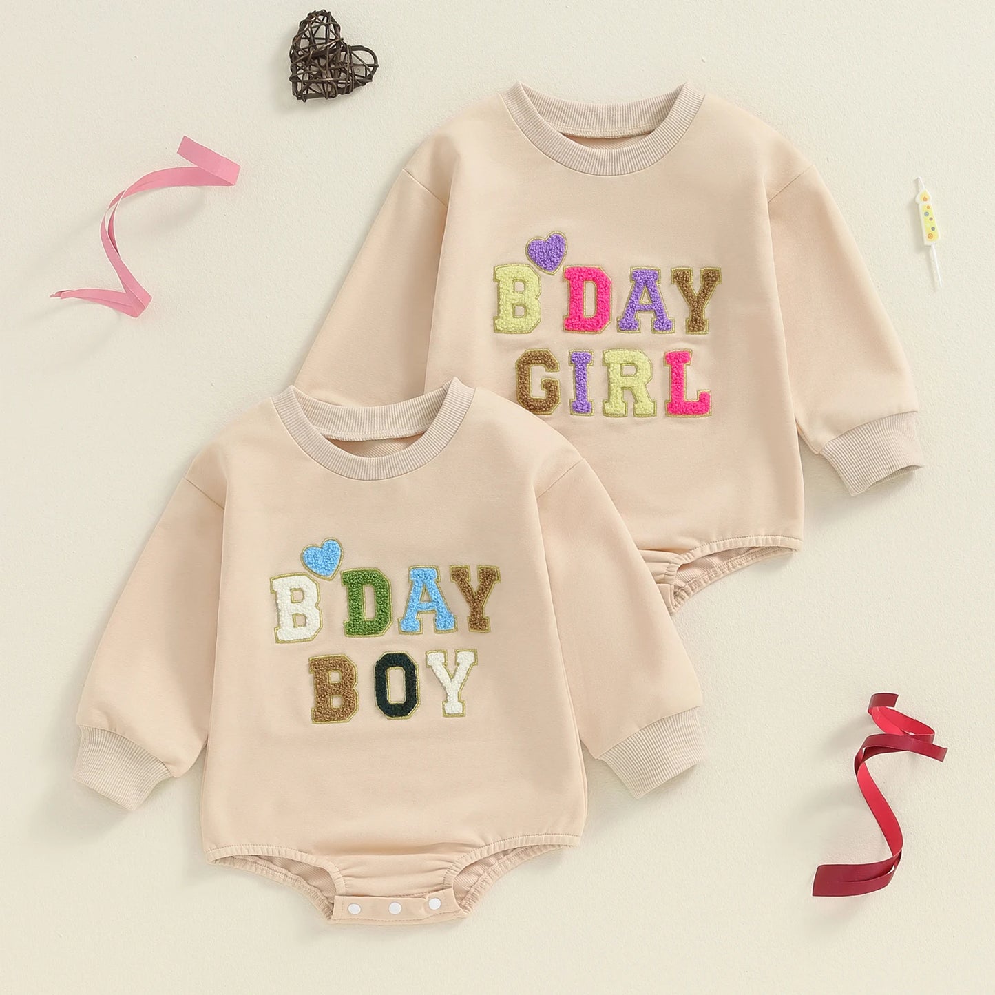 Baby Boys Girls Birthday Bodysuit Long Sleeve Letter Embroidery Playsuit Fall Clothes