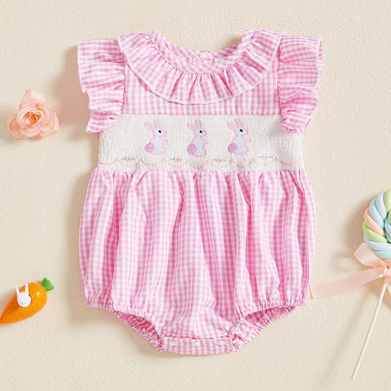 Easter Baby Girl Clothes Short Sleeve Ruffle Collar Bunny Embroidery Jumpsuit Playsuit