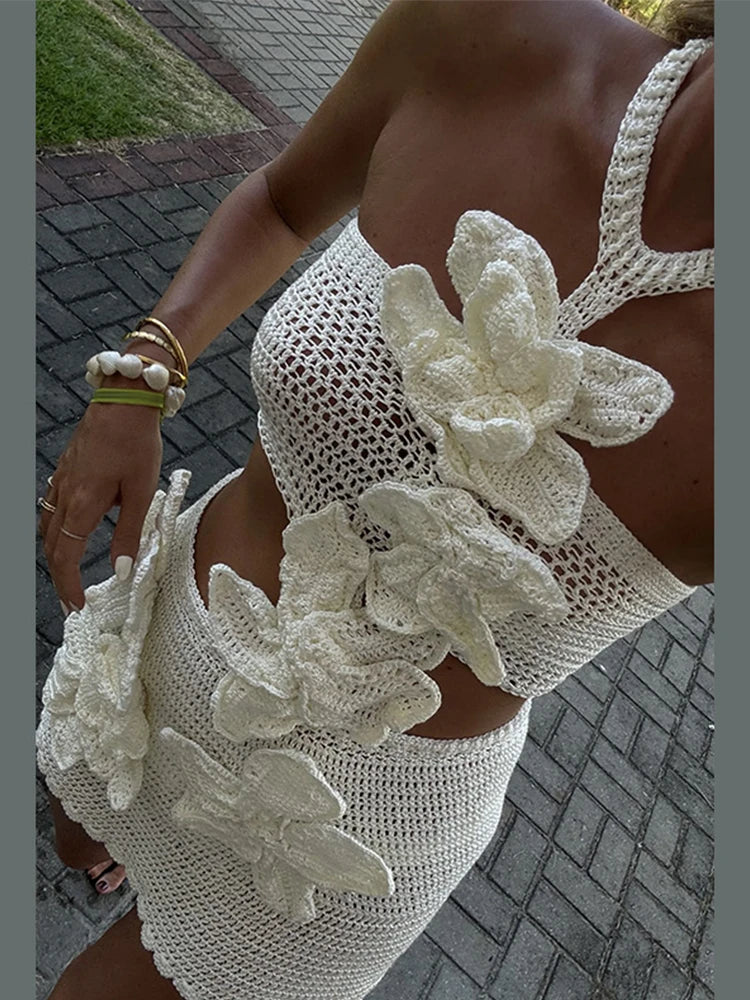 Knit 3d Flower Sleeveless Halter Sexy Dress
