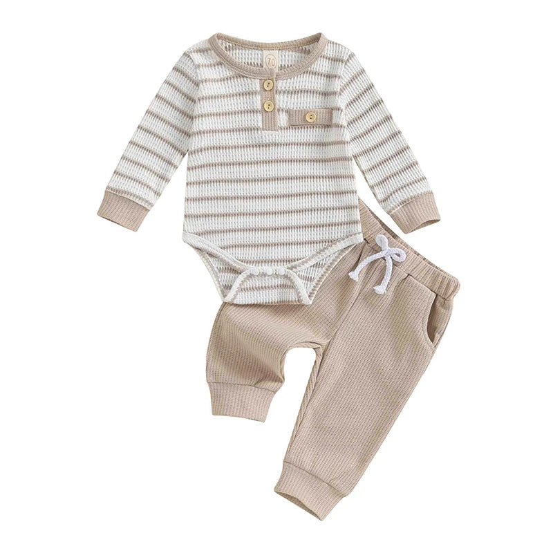 Newborn Baby Boy Girl Fall Winter Clothes Waffle Knit Striped Romper Long Pants Set Home Outfit