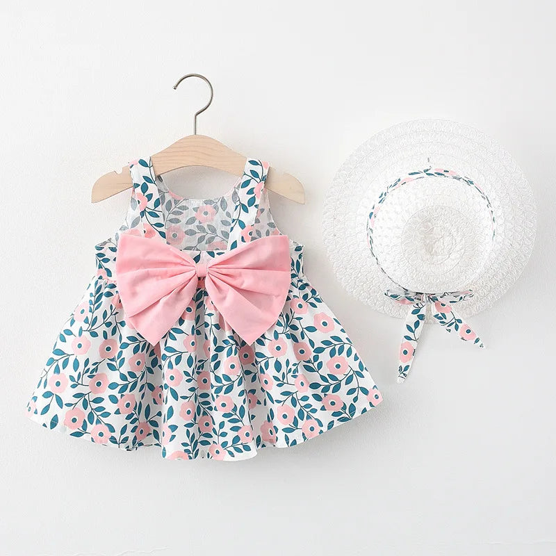 Toddler Girl Clothes Cotton Beach Suspender Dress+Sun Hat Princess Dresses