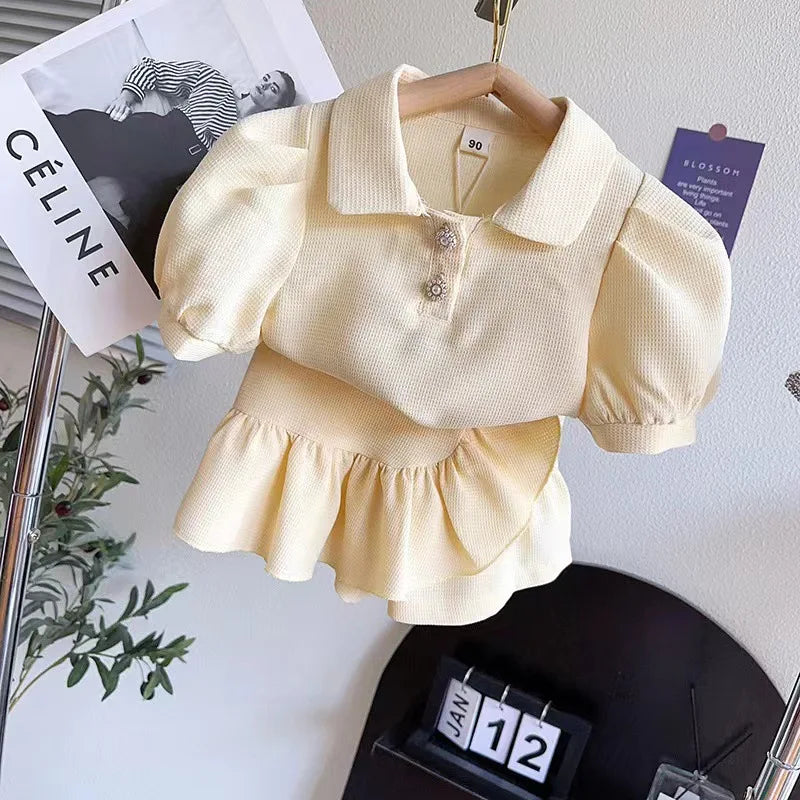 Puff Sleeves Turndown Collar Kid Girls Polo Shirt Irregular Lace Hem Skirt Sweet Suit