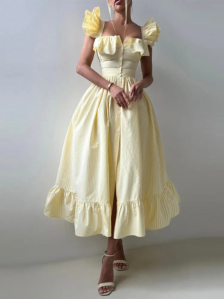 Flying Sleeves Striped Long Dresses Woman Elegant Single Breasted A-Line Robes Female Chic High Waist Summer Lady Robes Holiday