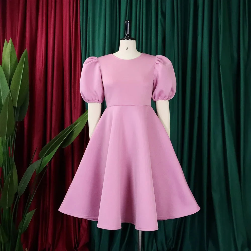 Elegant O Neck Short Sleeve High Waisted Pleated Mid Calf Luxury Dress