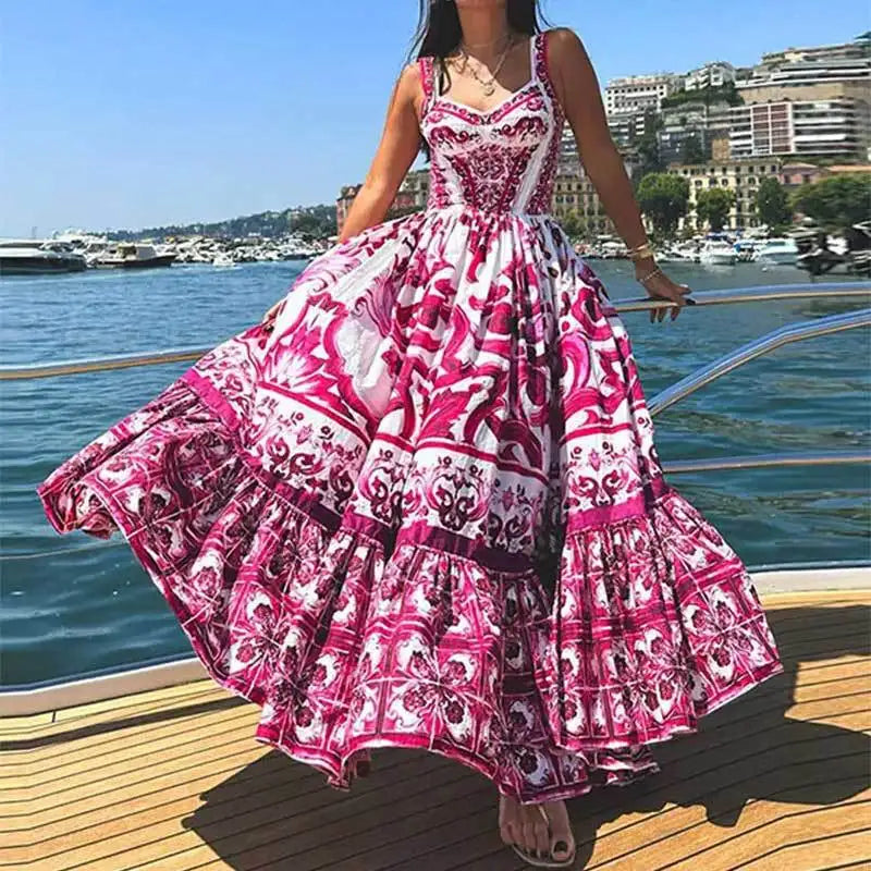 Women's Fashion Bohemian Elegant Light Luxury Mid length Printed Strap Dress