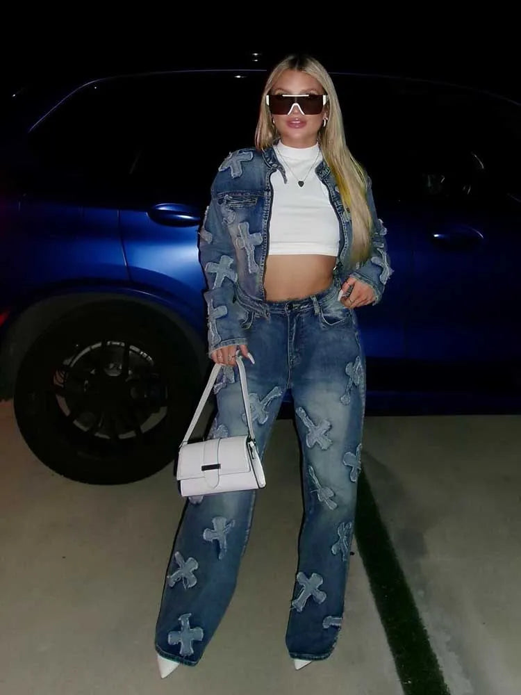 Women's Long Sleeve Jacket and Straight Trouser Casual 2 Piece Denim Sets