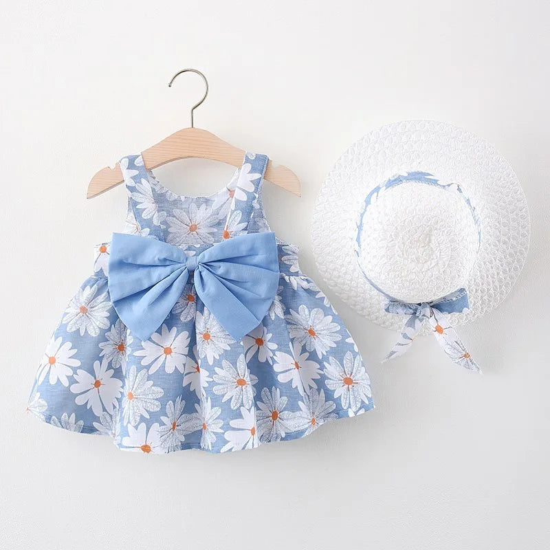 Toddler Girl Clothes Cotton Beach Suspender Dress+Sun Hat Princess Dresses