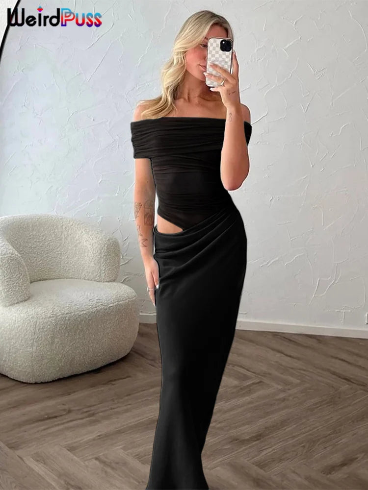 Elegant Long Bodycon Velour Muse Ruched Mesh Maxi Dress