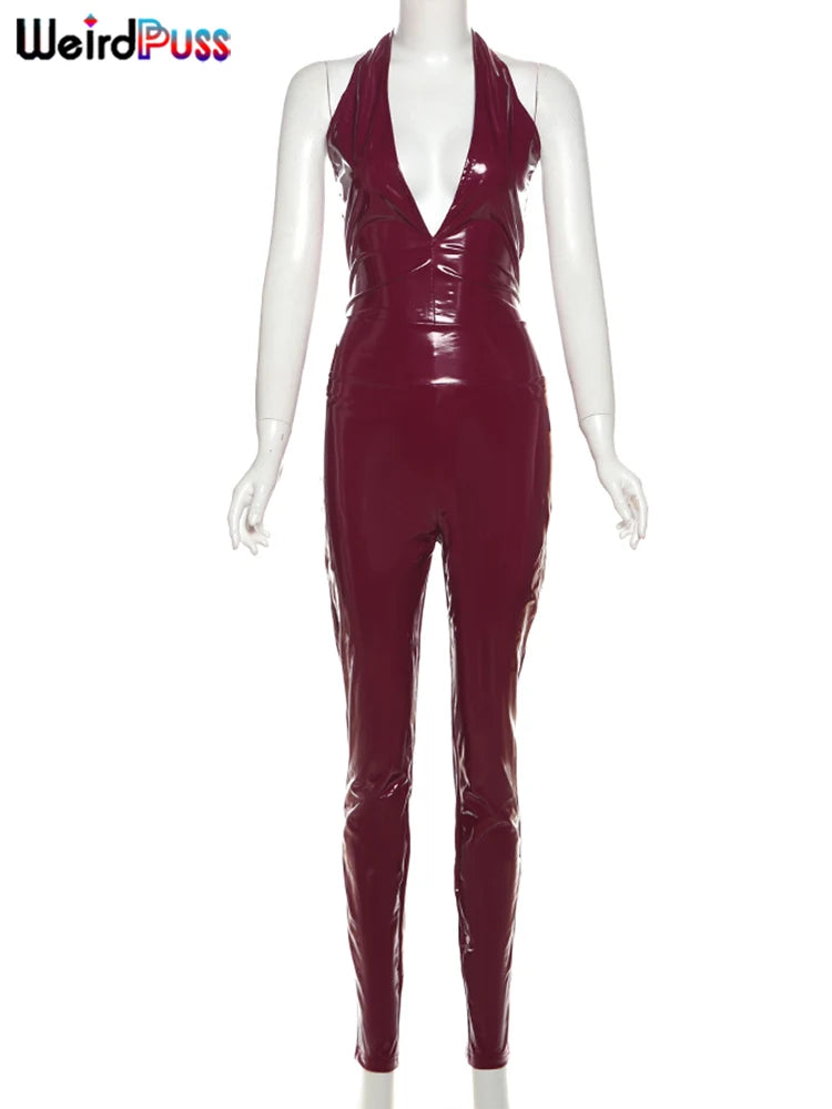 Leather 2 Piece Set Women Sexy Low-Neck Halter Sleeveless Bodysuit+Zipper Waist Stretch Pant