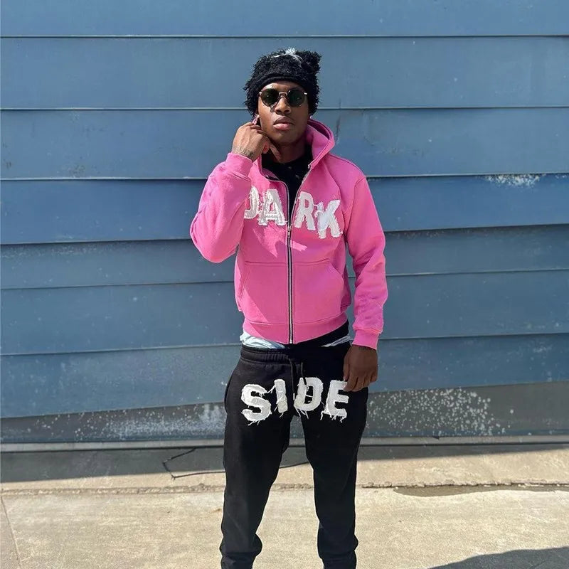 Y2K Hoodie Letter Patch Printed Zippered Hooded Sweatshirt Street Hip-hop Long Sleeved Cardigan Jacket Top Men Women's Clothing