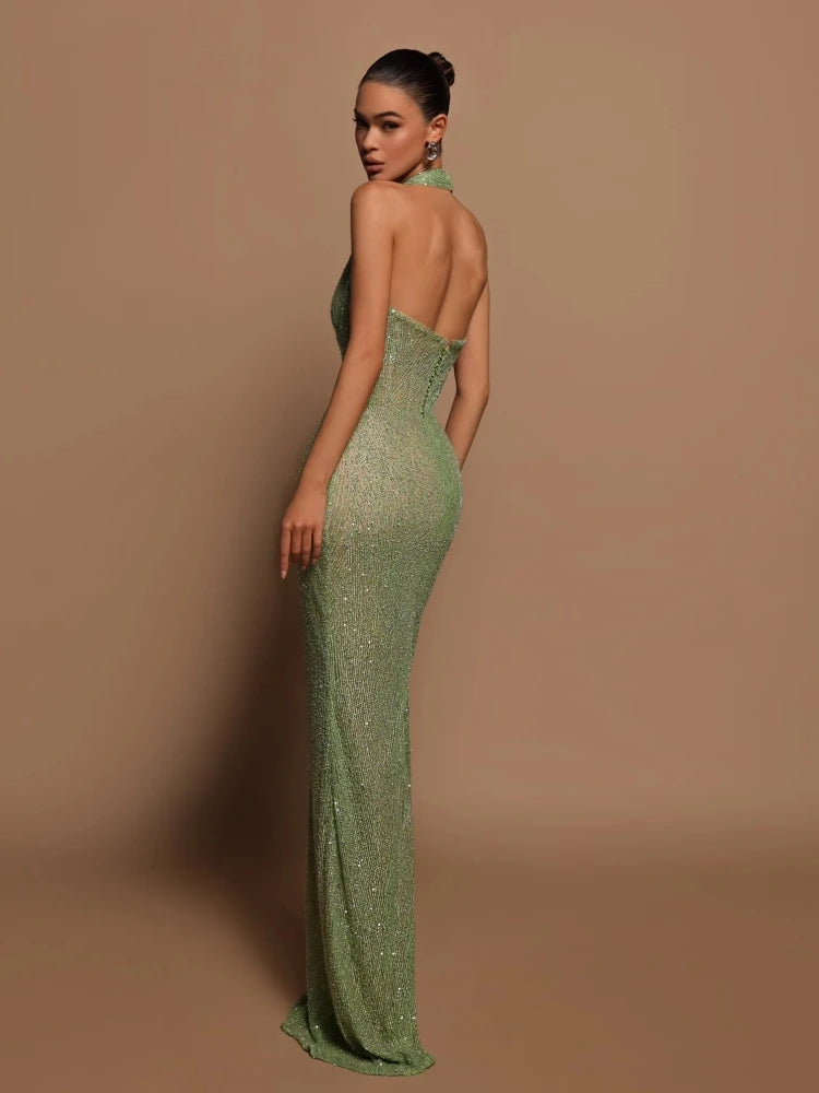 Halter Deep V Neck Sequins Green Sleeveless Backless Sequined Slim Long Maxi Dress