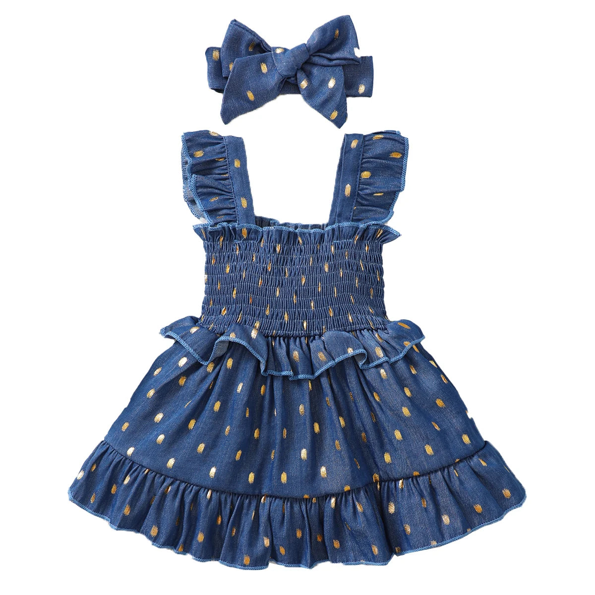 Baby Girl Golden Dot Slip Blue Princess Dresses with Headband Set