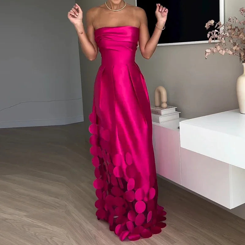 Sexy Elegant Off Shoulder Satin Spliced Hollow Out Party Dress Women's Summer Backless Red Chic Banquet Evening Dresses 2025 New