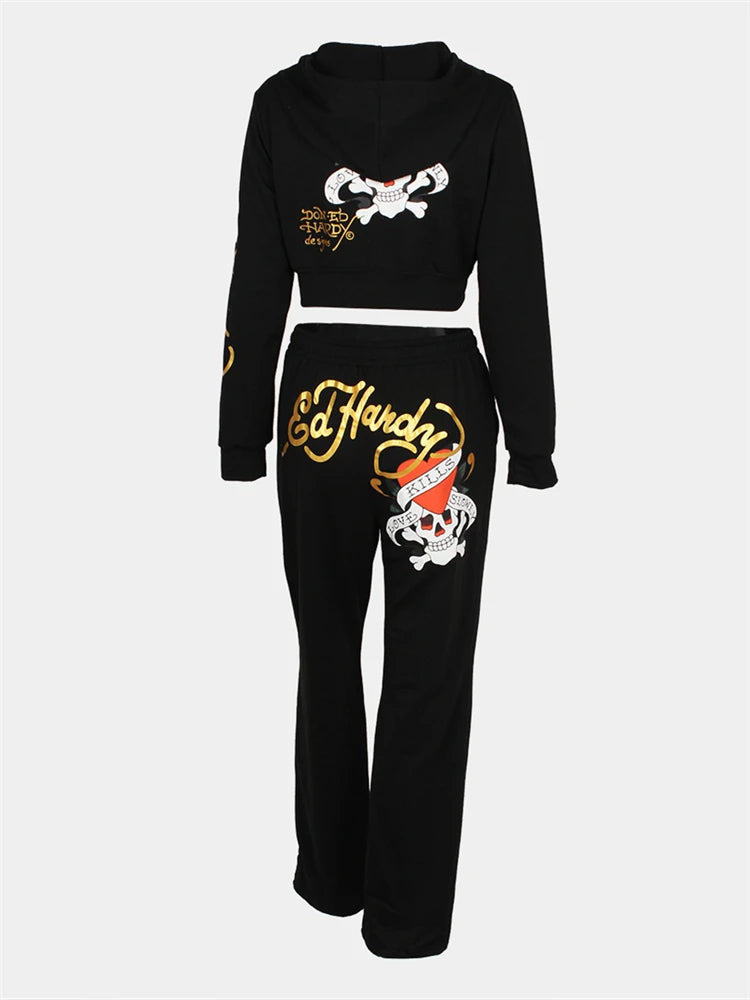 Aualay Y2k Black Printed Hoodies Sweatpant Party Club Clothing For Woman 2024 Spring Blue Graphic Bodycon 2 Two Piece Pants Sets