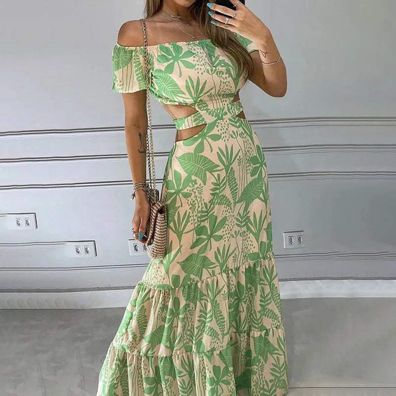 Women's Hollow Lace Large Swing Dress Women's Fashion Short Sleeve High Waist