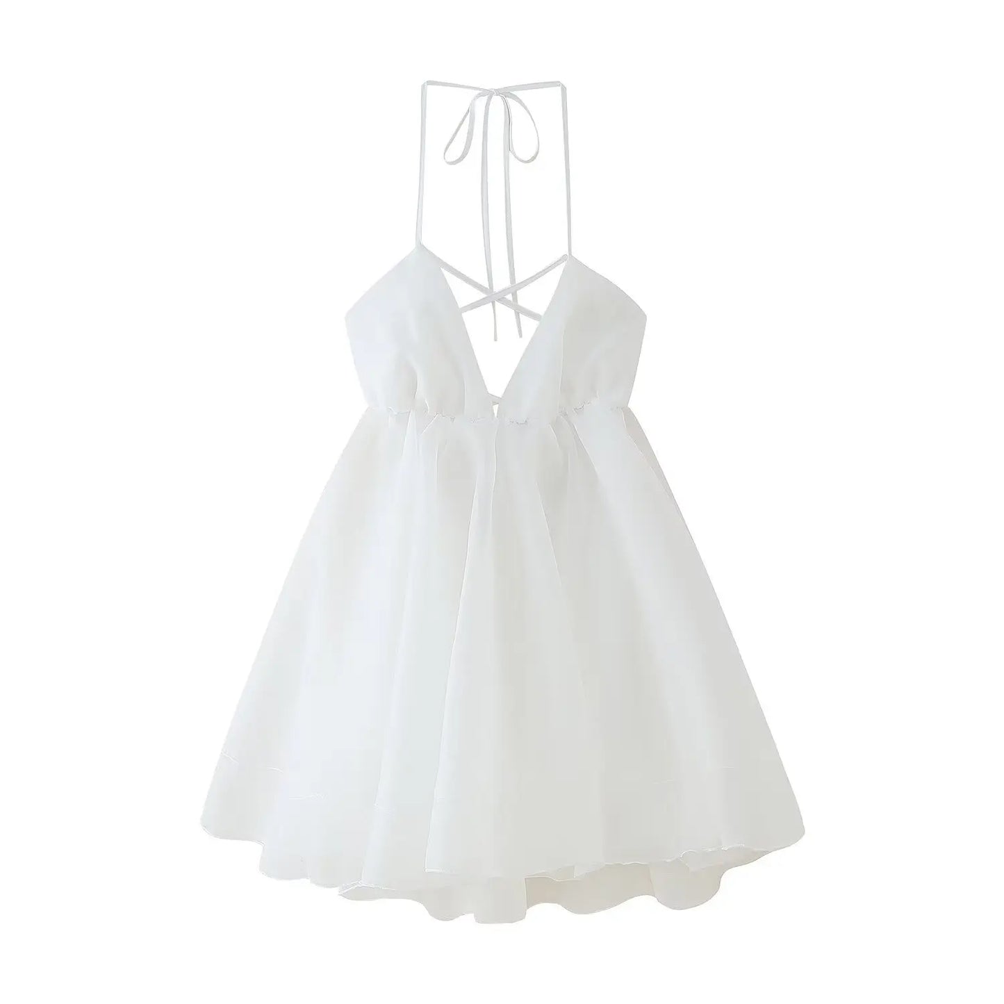 Airy Pleated Hem Sleeveless Backless Lace-Up Mini Dress