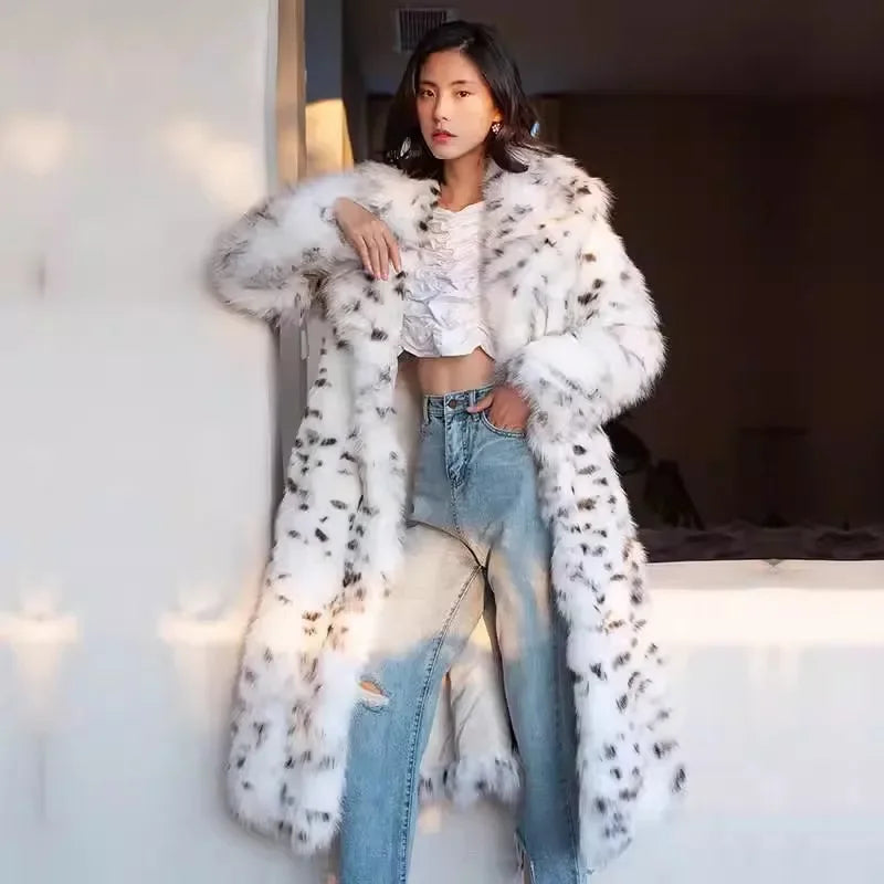 Retro Leopard Faux Fur Long Coats Women Winter Warm Thicken Open Coat Female Casual Loose Elegant Chic Street Outwear