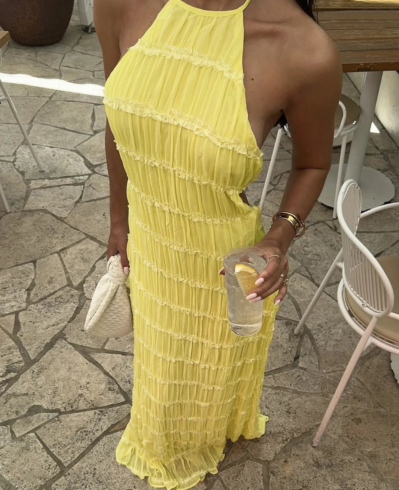 Sun-Kissed Muse Backless Frill Maxi Dress