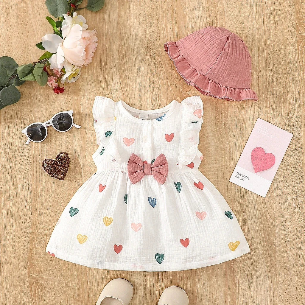Baby Girl Sweet Cotton Sleeveless Love Pattern Dress+Hat Dress